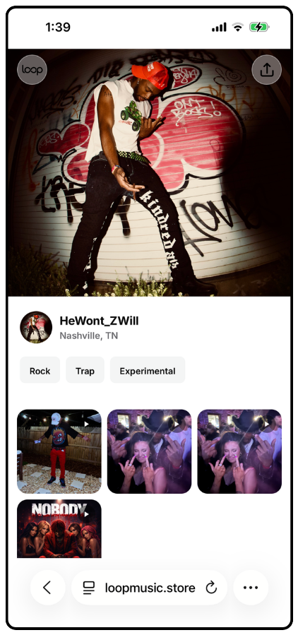 An artist's Loop page with photo, genre tags and song grid