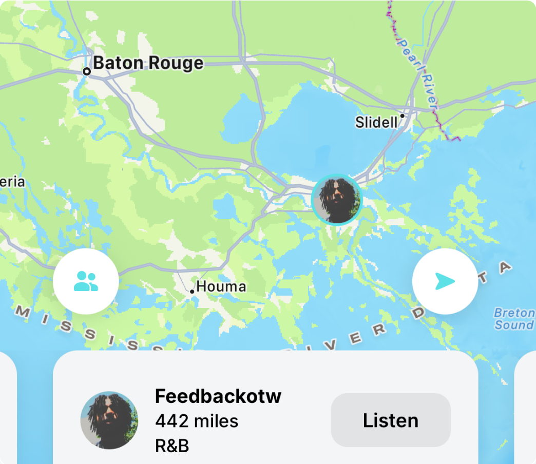 Map showing an artist playing music nearby, with a Listen button