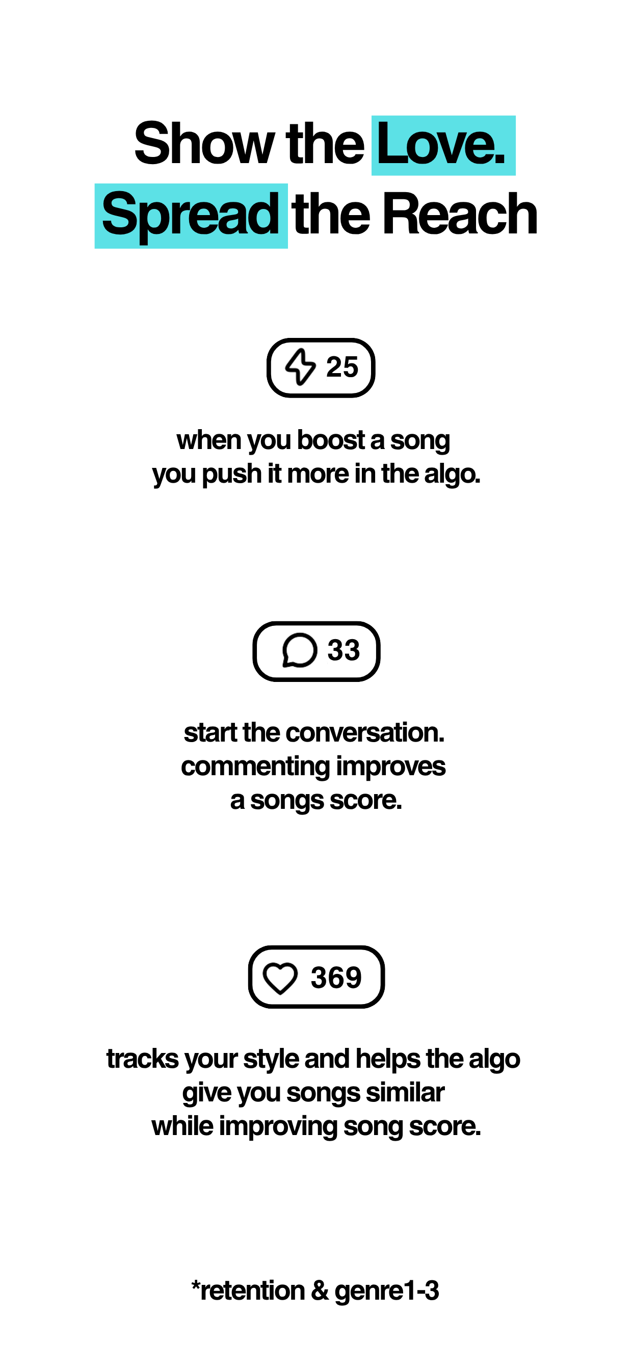 Show the love. Spread the reach. Boosting a song pushes it more in the algo, commenting improves a song's score, and likes track your style and help the algo give you similar songs.